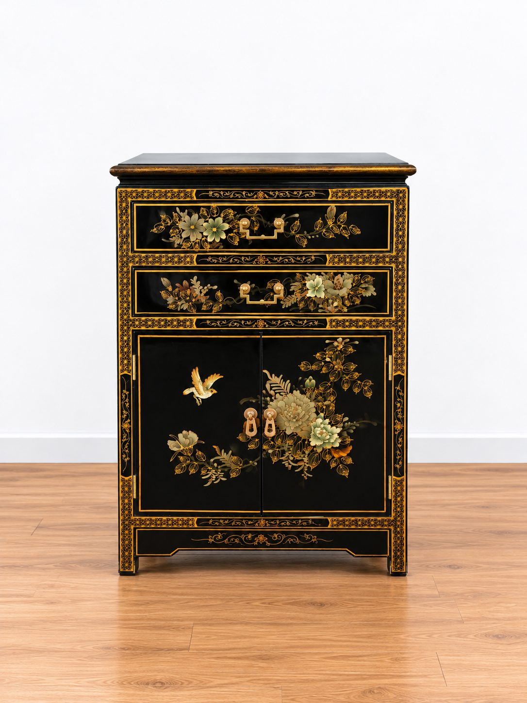 Cabinet Chinoisserie Hibiscus en madera de iroko con Policromias pintadas a mano China mediados de S.XX