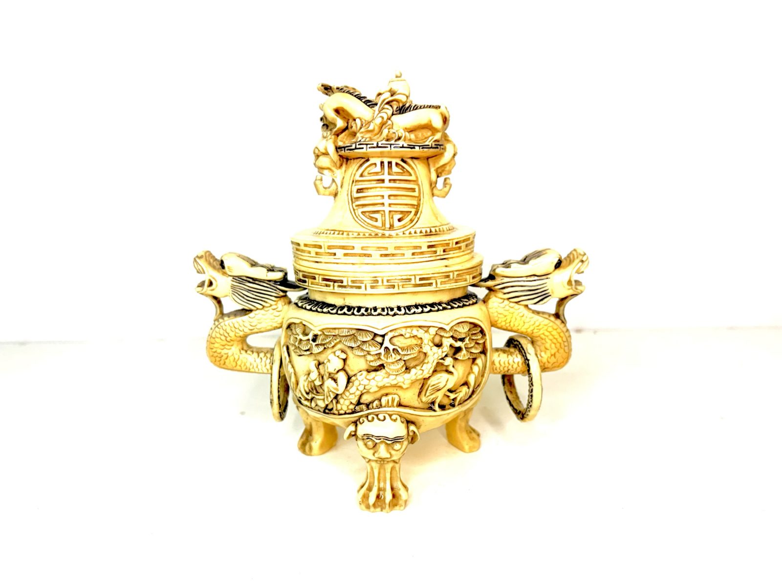 Potiche Foo Dragoon en hueso tallado China 1950’s