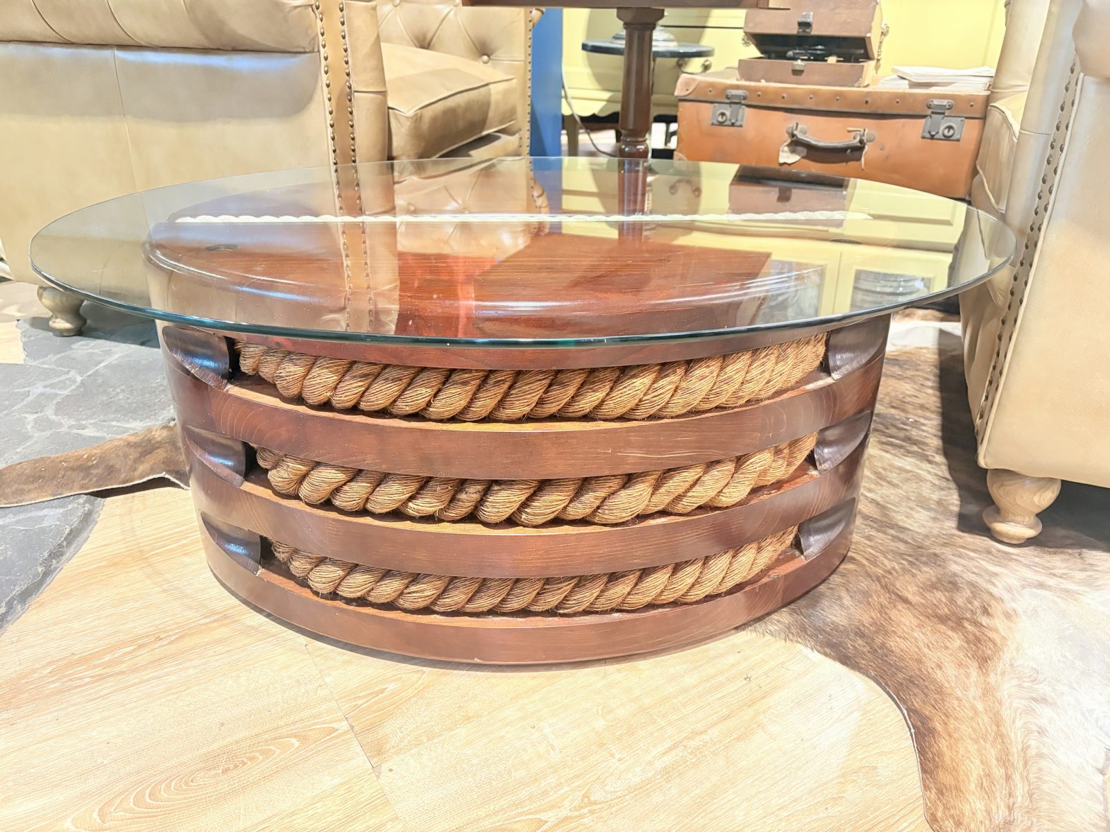 Mesa rondana náutica en madera de bitácola y cristal pulido 1970’s